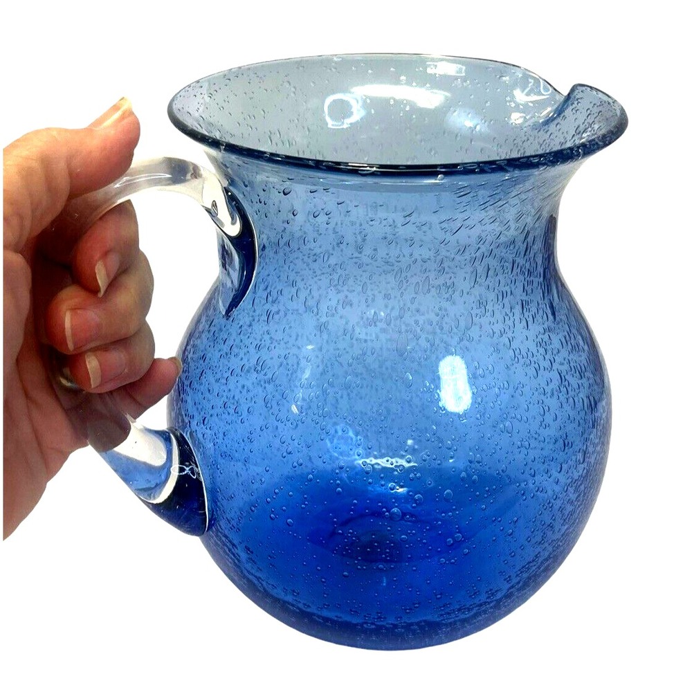 Hand Blown BUBBLE Glass Cobalt Blue PITCHER Applied Clear HANDLE Heavy 2.5#